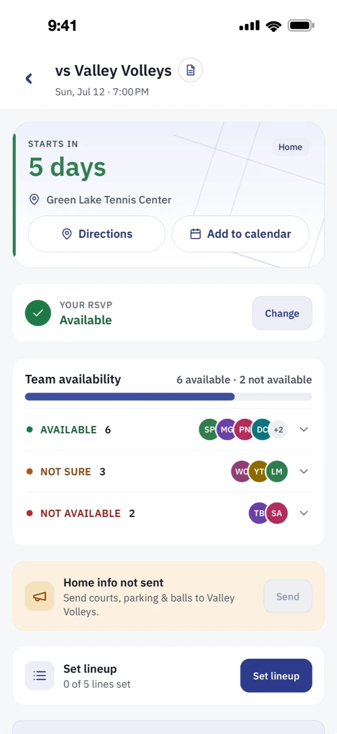 A real match screen: your RSVP is Available, team availability shows 6 available, 3 not sure, and 2 not available with player avatars, a reminder to send home-court info, and a set-lineup button.